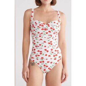 BETSEY Johnson one piece BANDEAU SWIMSUIT XO BETSEY CHERRY BOMB PRINT Size L